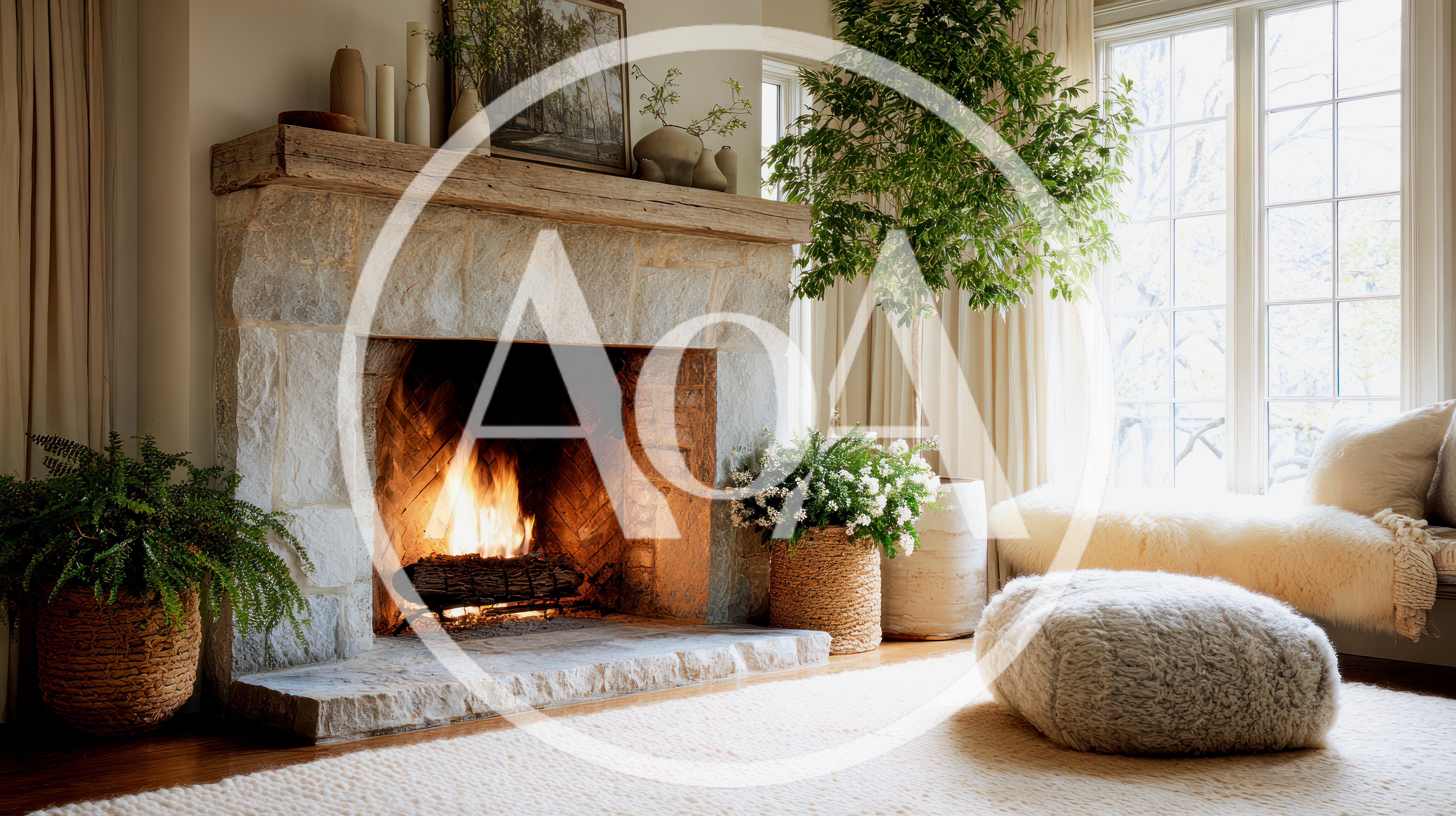 Cozy Living Room With Stone Fireplace And Potted Plants