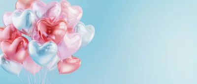 Floating Heart Shaped Balloons on Blue Background