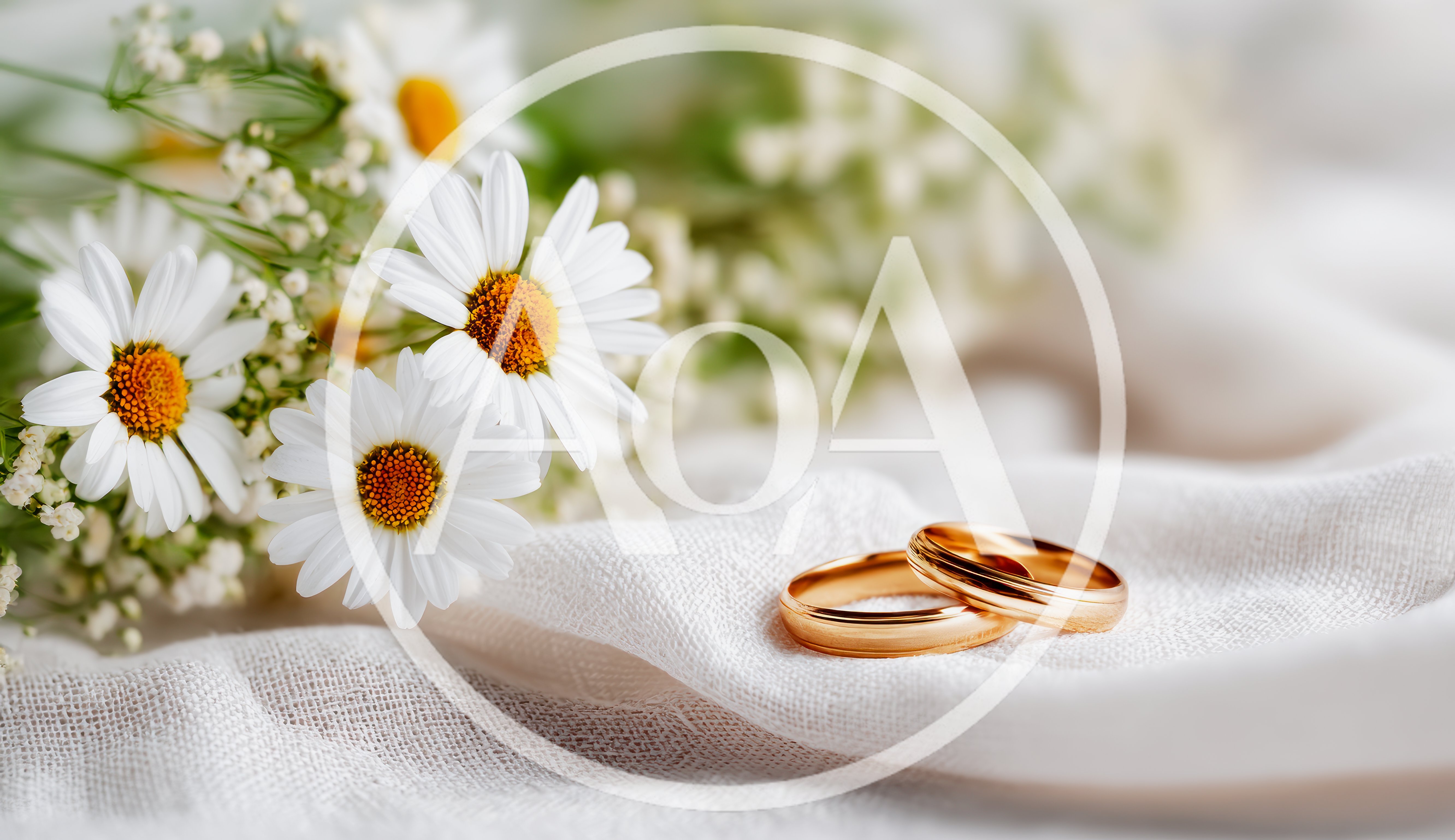Two Gold Wedding Rings With Daisy Flowers