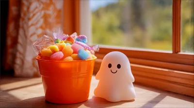 Orange Halloween Bucket With Candy And Ghost Figurine