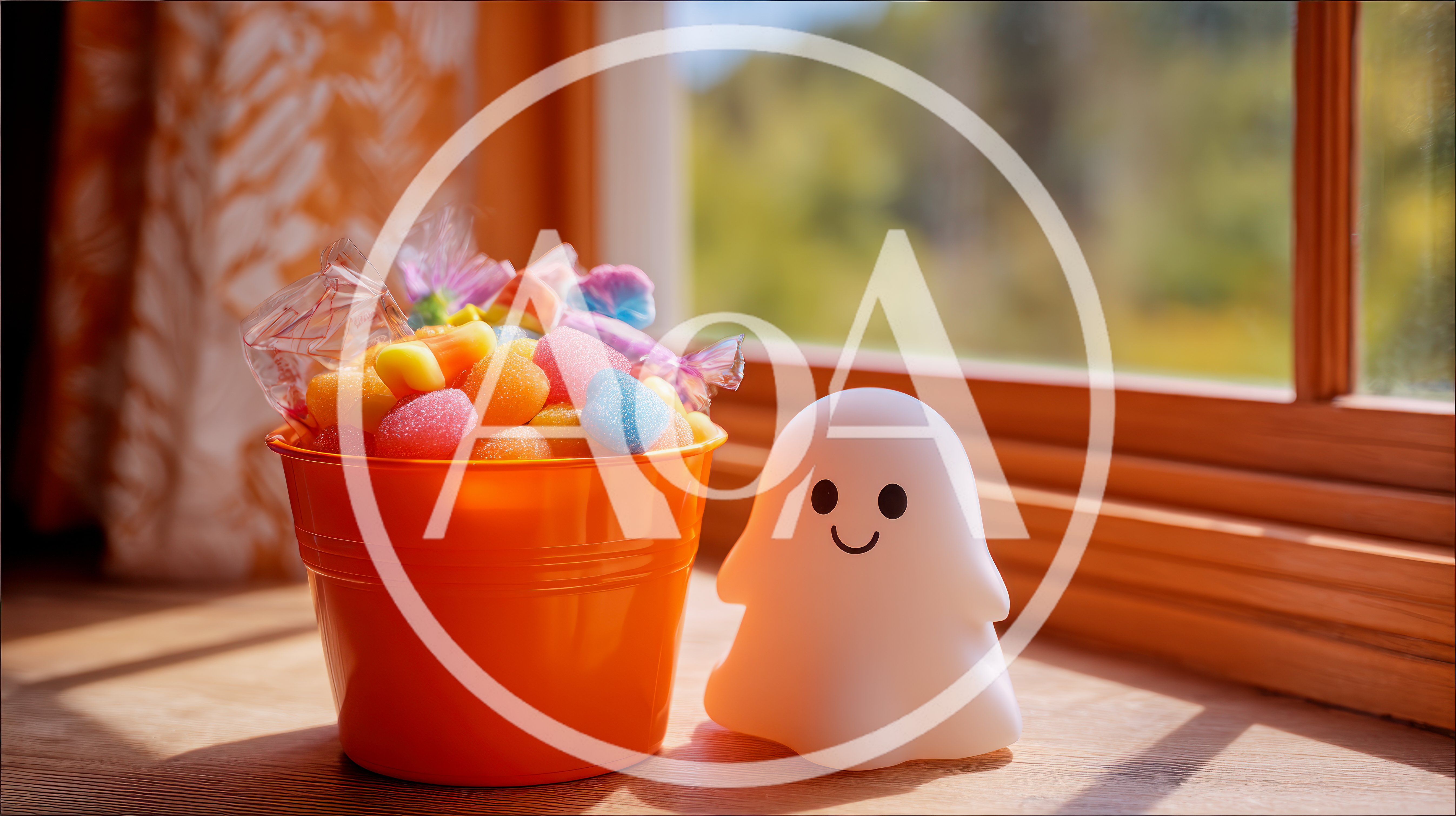 Orange Halloween Bucket With Candy And Ghost Figurine