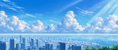 Anime Style Cityscape With Cumulus Clouds And Blue Sky