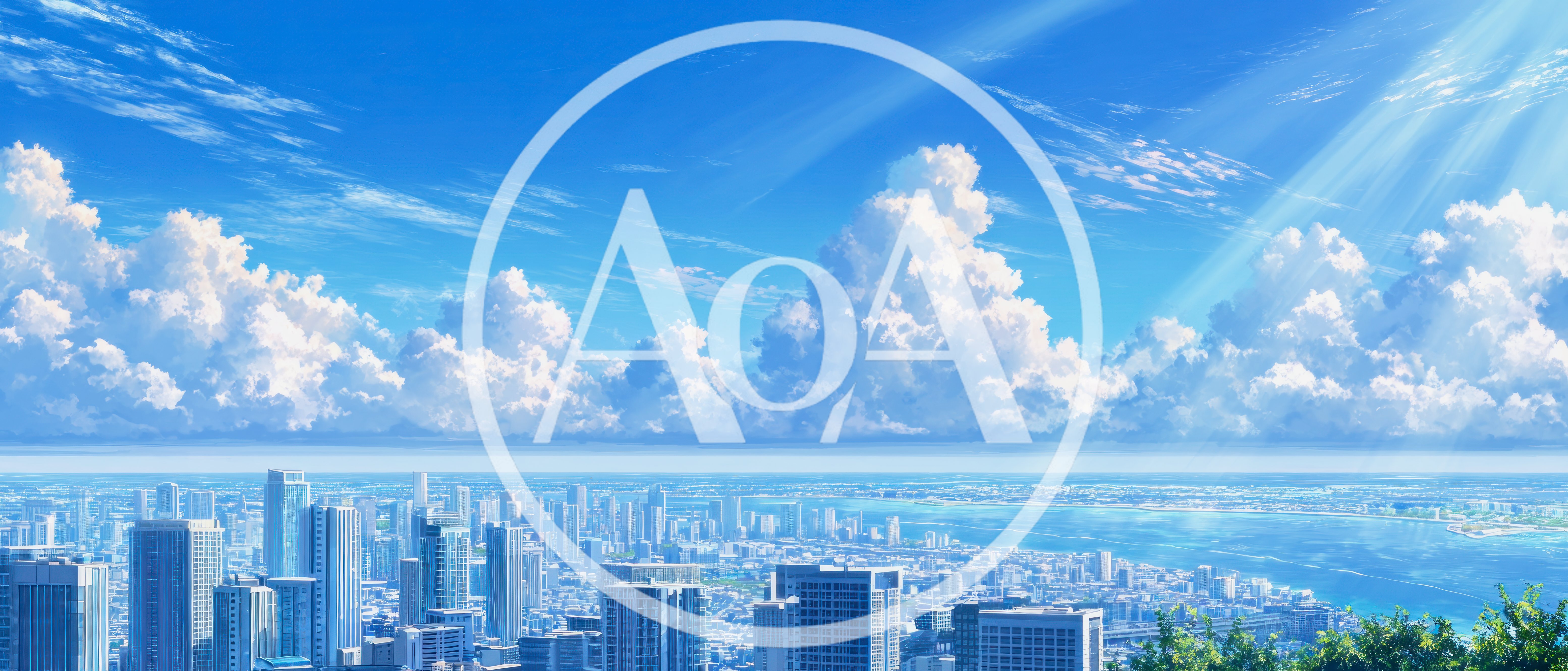 Anime Style Cityscape With Cumulus Clouds And Blue Sky