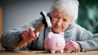 Elderly Woman Breaking Pink Piggy Bank With Hammer