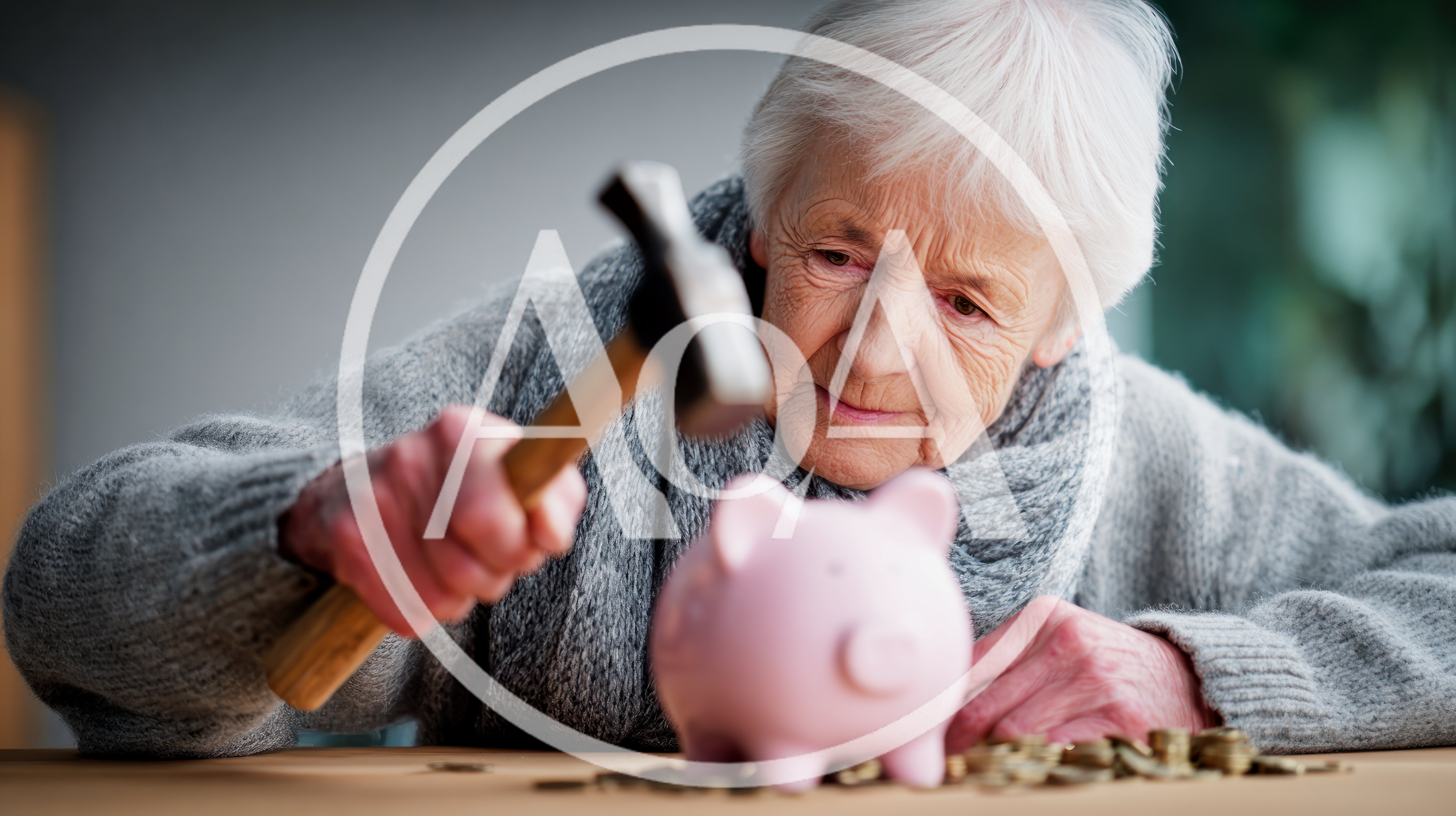 Elderly Woman Breaking Pink Piggy Bank With Hammer