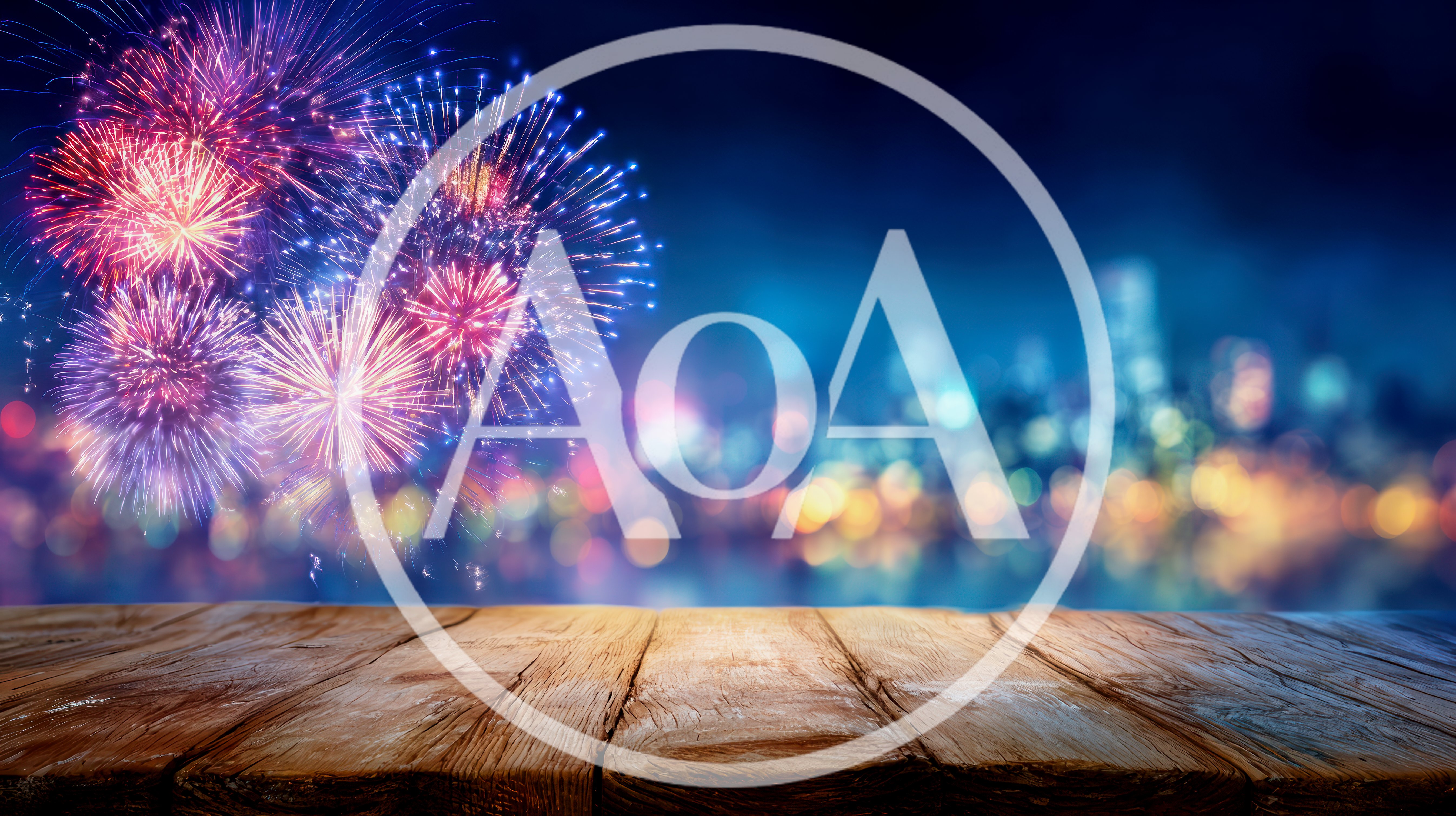 Rustic Wooden Table Overlooking Vibrant City Fireworks Display