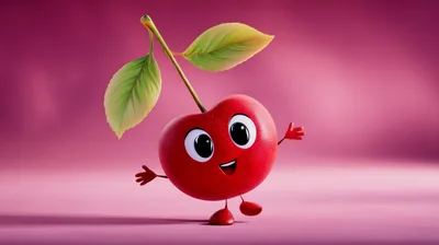 Cute Animated Cherry Character With Leaves