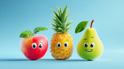 Cute Anthropomorphic Fruit Characters Standing Together