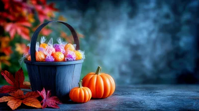 Halloween Candy Basket With Pumpkins And Autumn Leaves