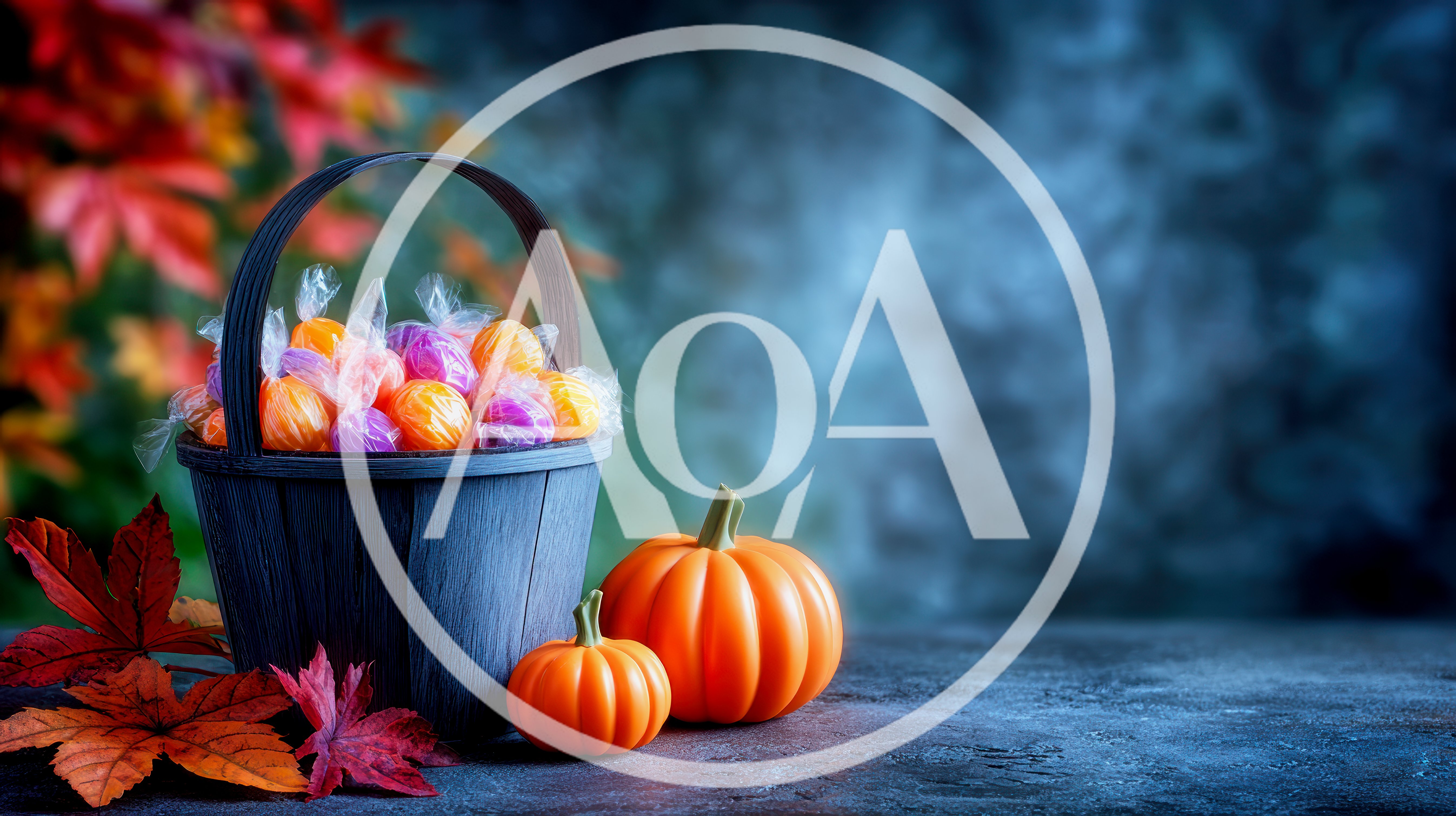 Halloween Candy Basket With Pumpkins And Autumn Leaves