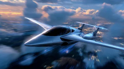Futuristic Silver Aircraft Flying Over A Glowing City