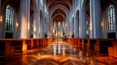 Empty Church Interior With Wooden Pews And Pillars