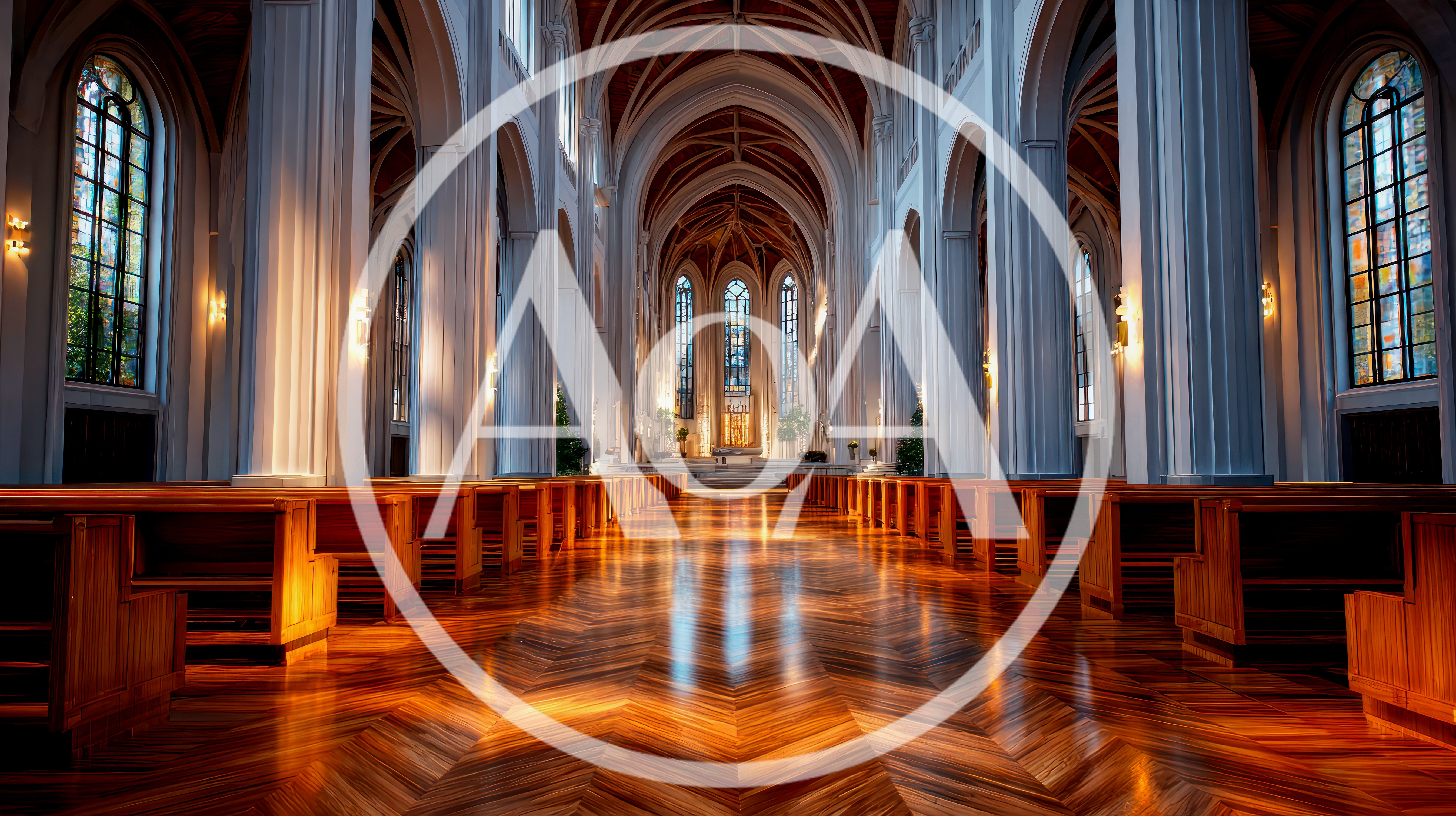 Empty Church Interior With Wooden Pews And Pillars