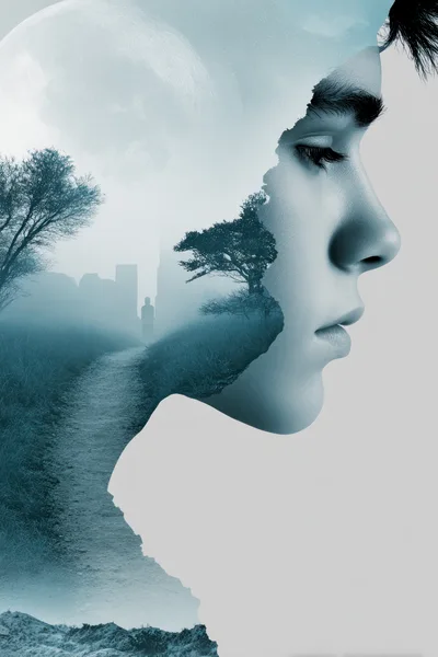 Double Exposure Portrait Of A Young Man And Landscape
