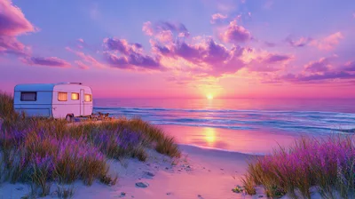 Travel Trailer Parked On A Sandy Beach At Sunset