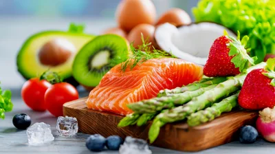 Fresh Salmon Fillet With Healthy Vegetables And Fruits