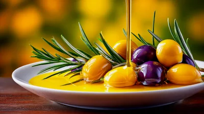 Olive Oil Pouring Over Fresh Olives And Rosemary