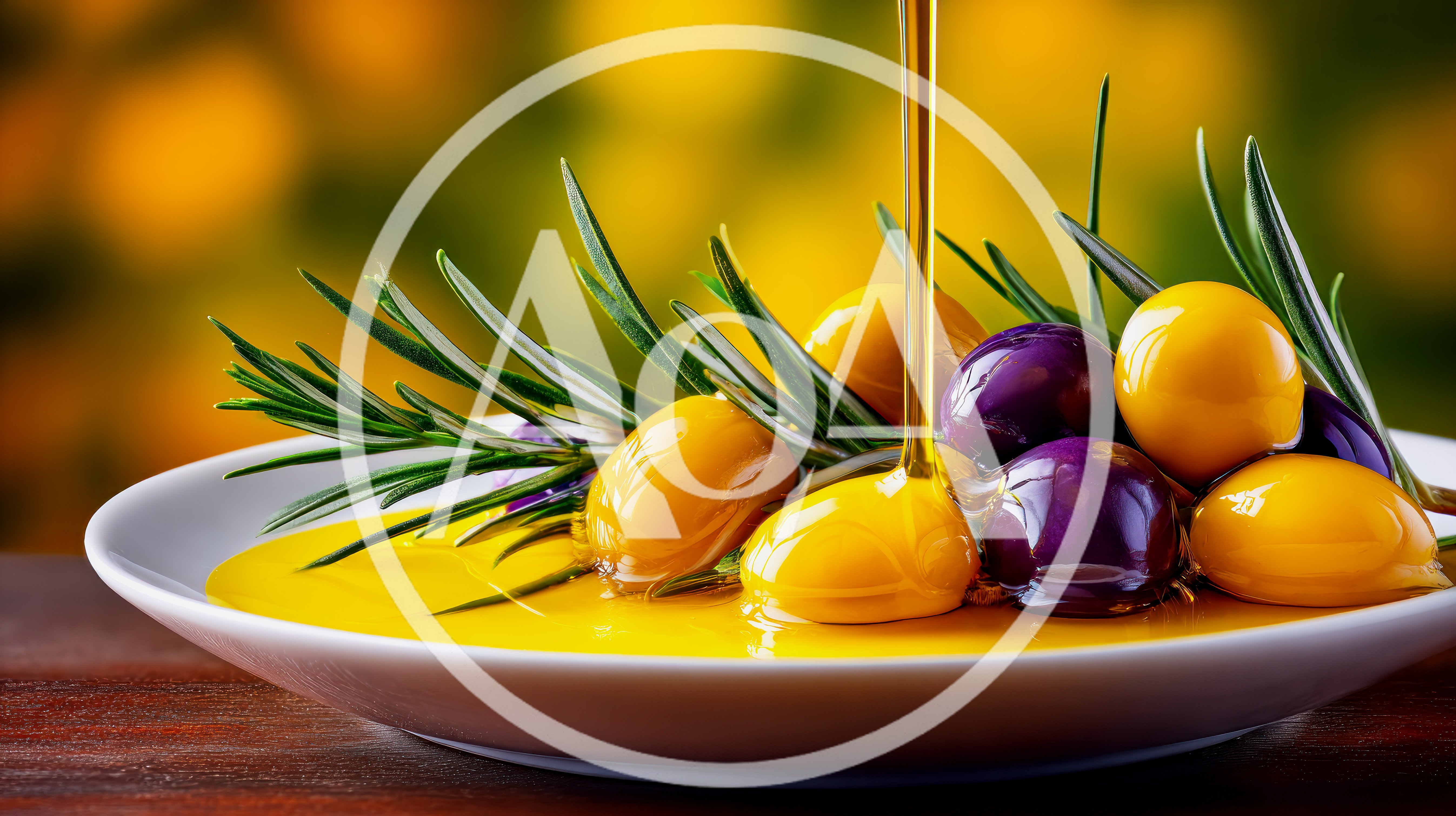 Olive Oil Pouring Over Fresh Olives And Rosemary