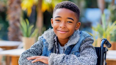 Smiling Young Boy Sitting In A Wheelchair