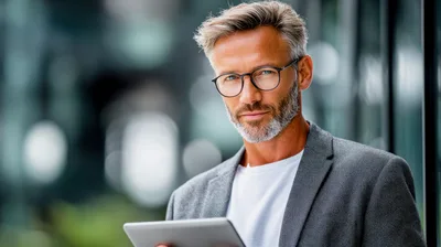 Professional Middle Aged Man Using Digital Tablet Outdoors
