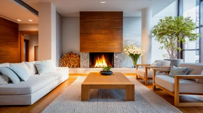 Modern Living Room With Fireplace And Wooden Accents