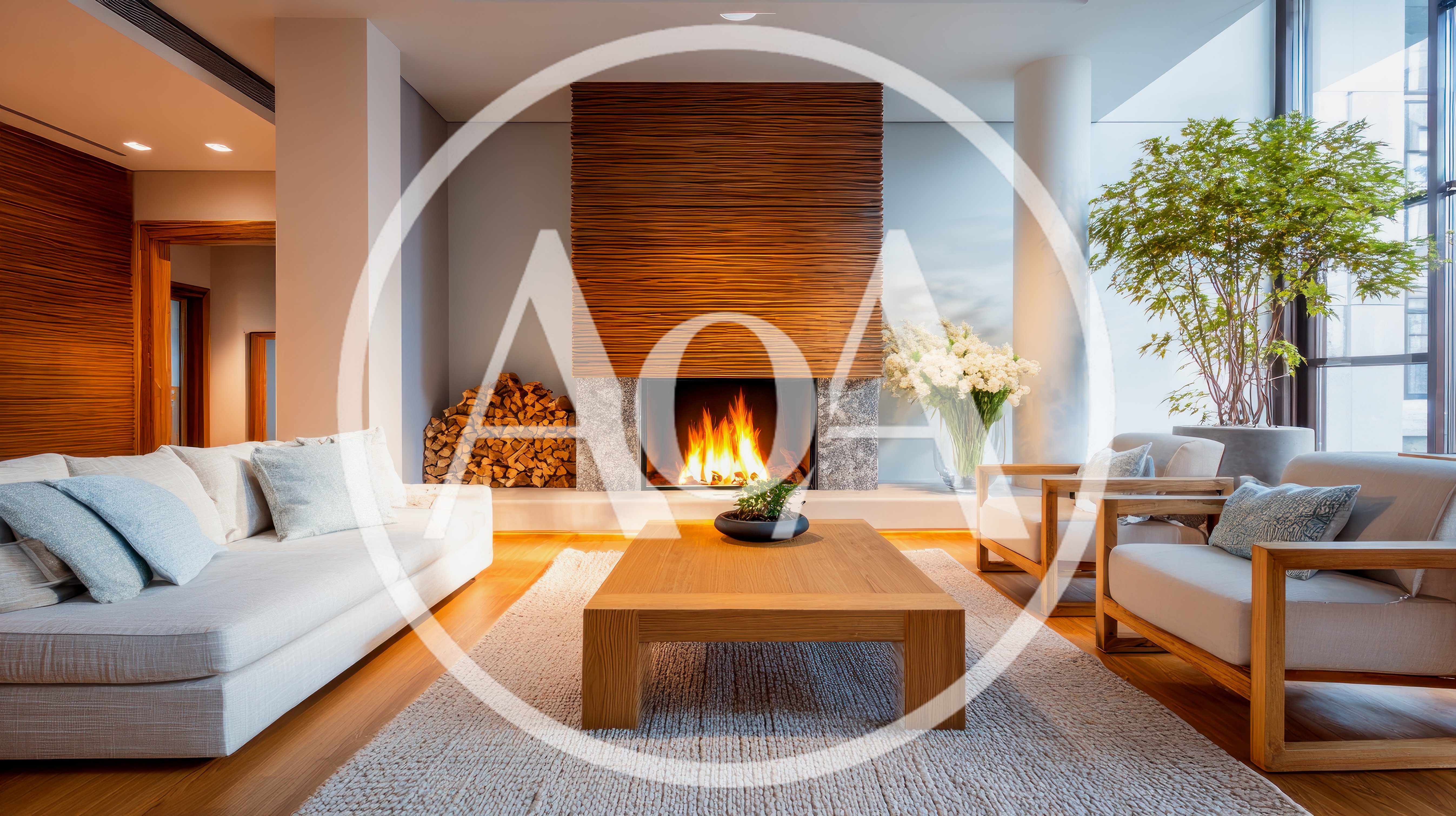 Modern Living Room With Fireplace And Wooden Accents