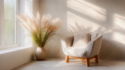 Minimalist Living Room Corner With Pampas Grass And Armchair