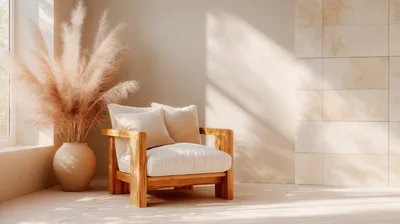 Minimalist Living Room With Wooden Armchair And Pampas Grass