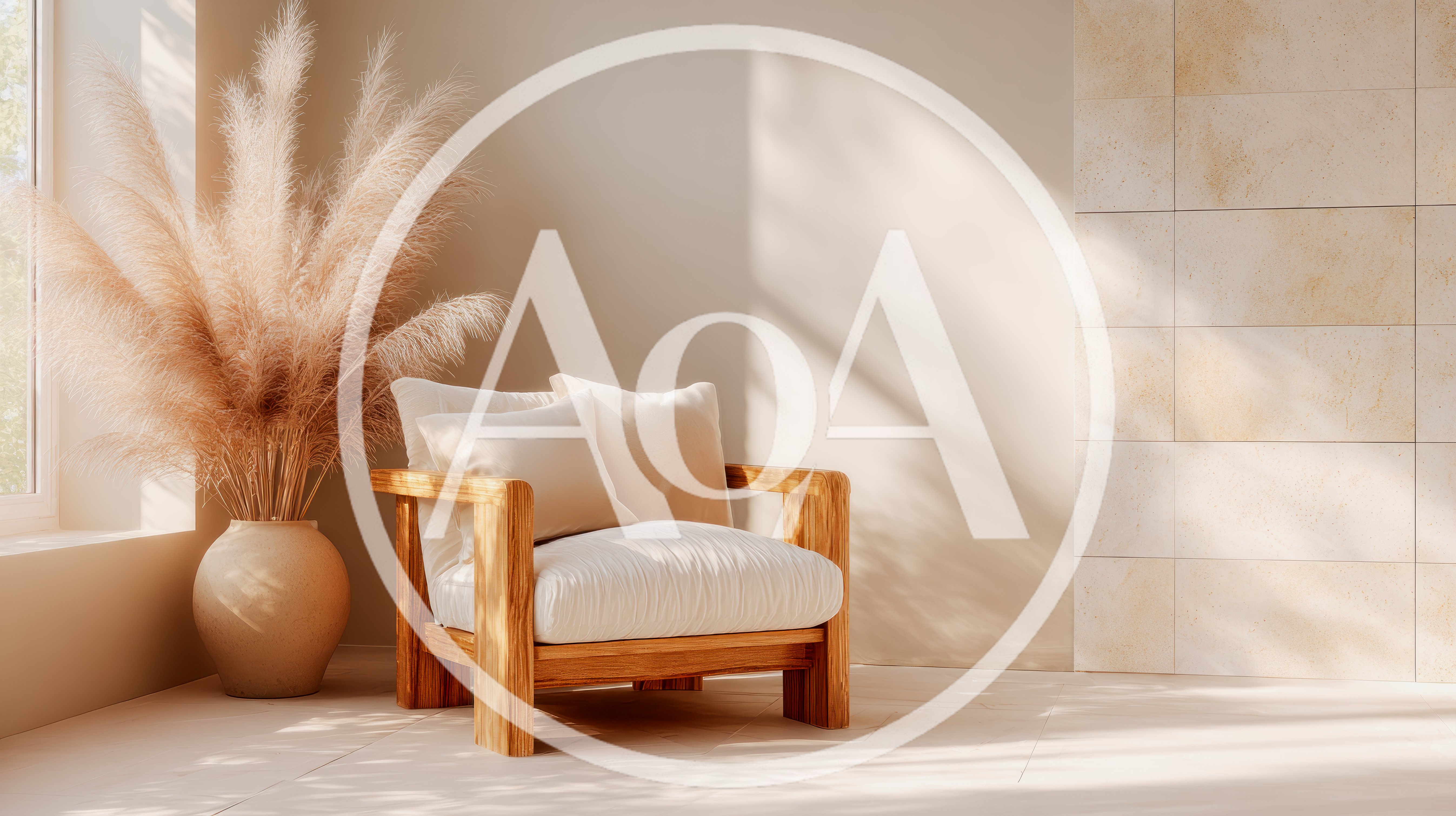 Minimalist Living Room With Wooden Armchair And Pampas Grass
