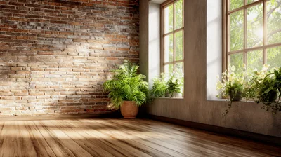 Empty Room With Brick Wall And Potted Plants