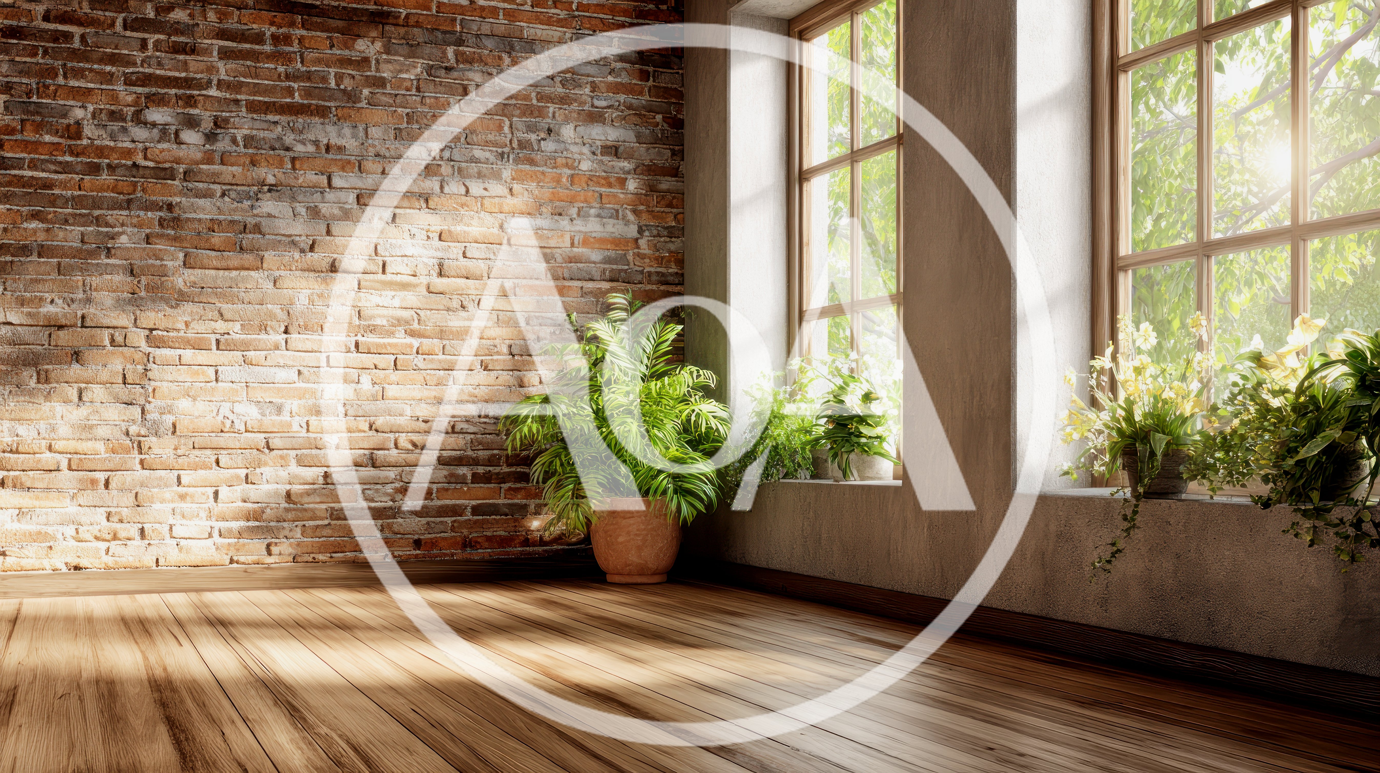 Empty Room With Brick Wall And Potted Plants