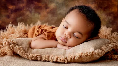 Sleeping Newborn Baby Resting On A Small Pillow