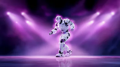 Futuristic White Robot Dancing On Stage