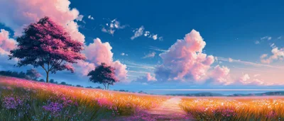 Anime Style Landscape With Pink Trees And Wildflowers