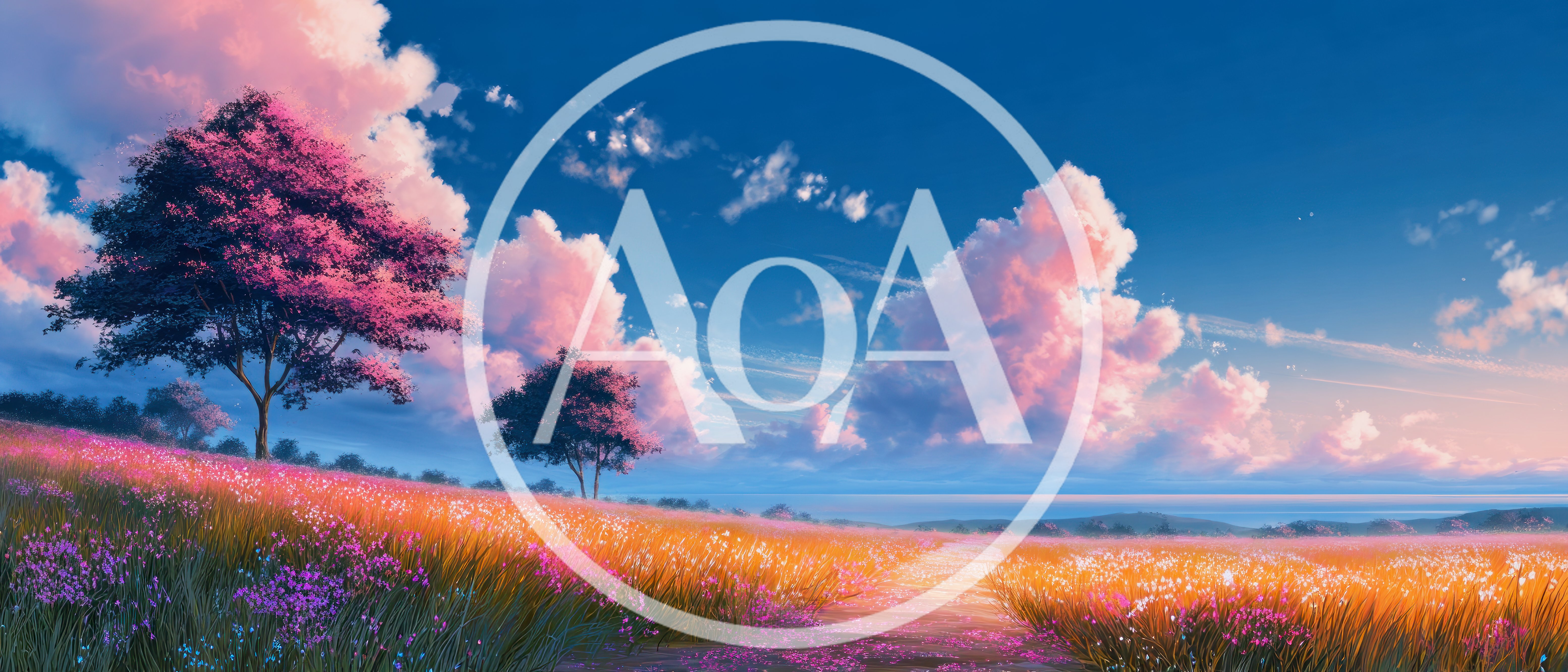 Anime Style Landscape With Pink Trees And Wildflowers