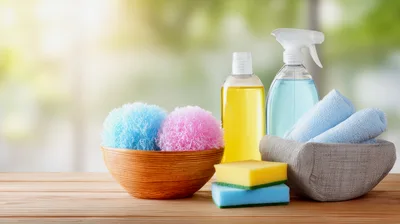 Cleaning Supplies and Sponges on Wooden Table