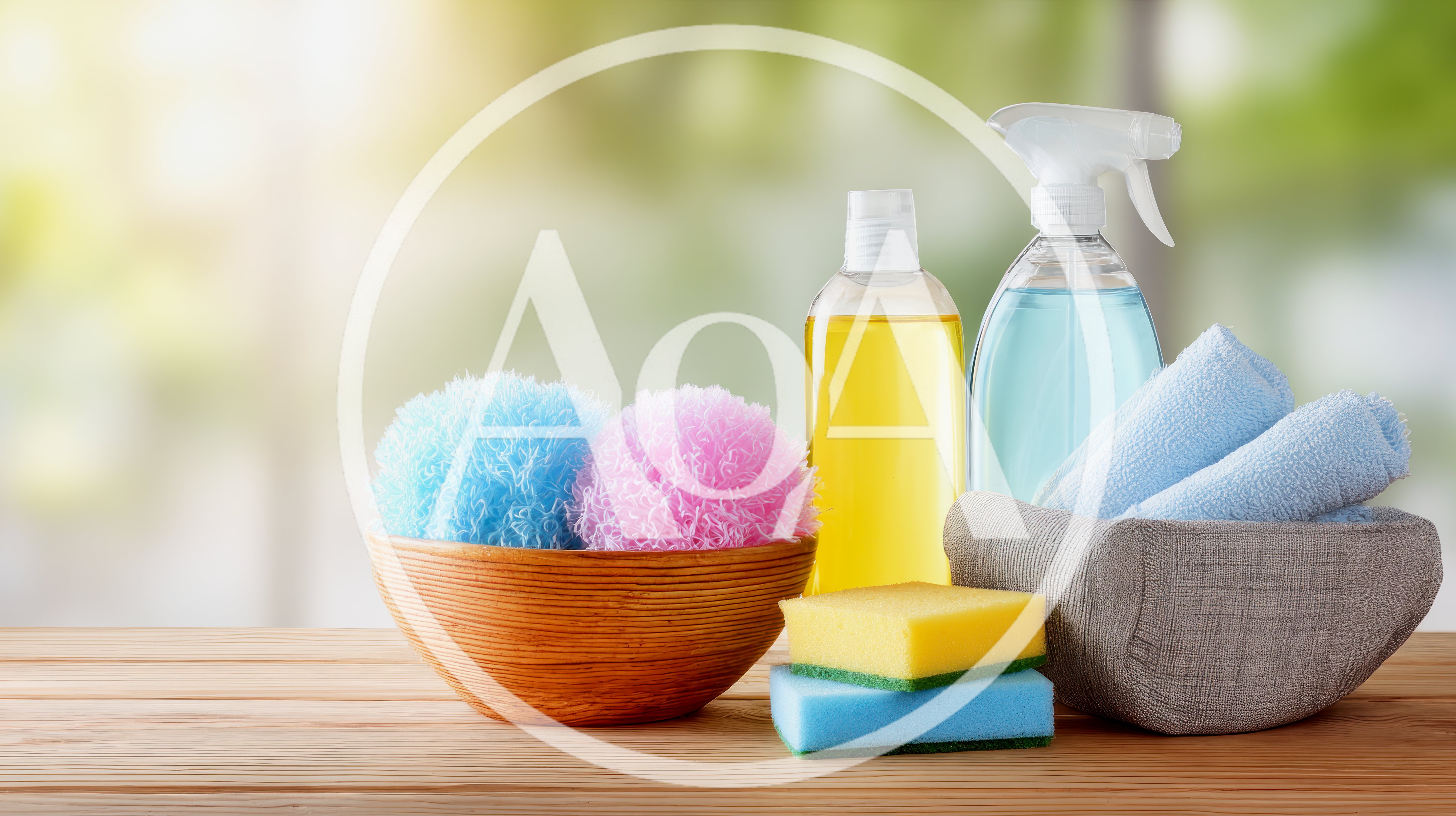 Cleaning Supplies and Sponges on Wooden Table