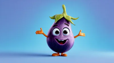 3D Cartoon Eggplant Character With Happy Expression