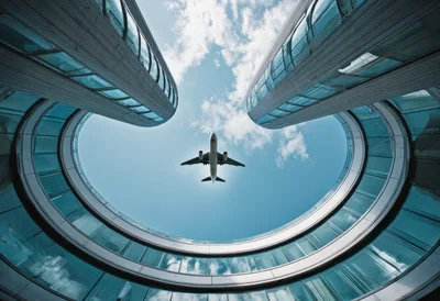 Airplane Flying Above Modern Curved Glass Architecture