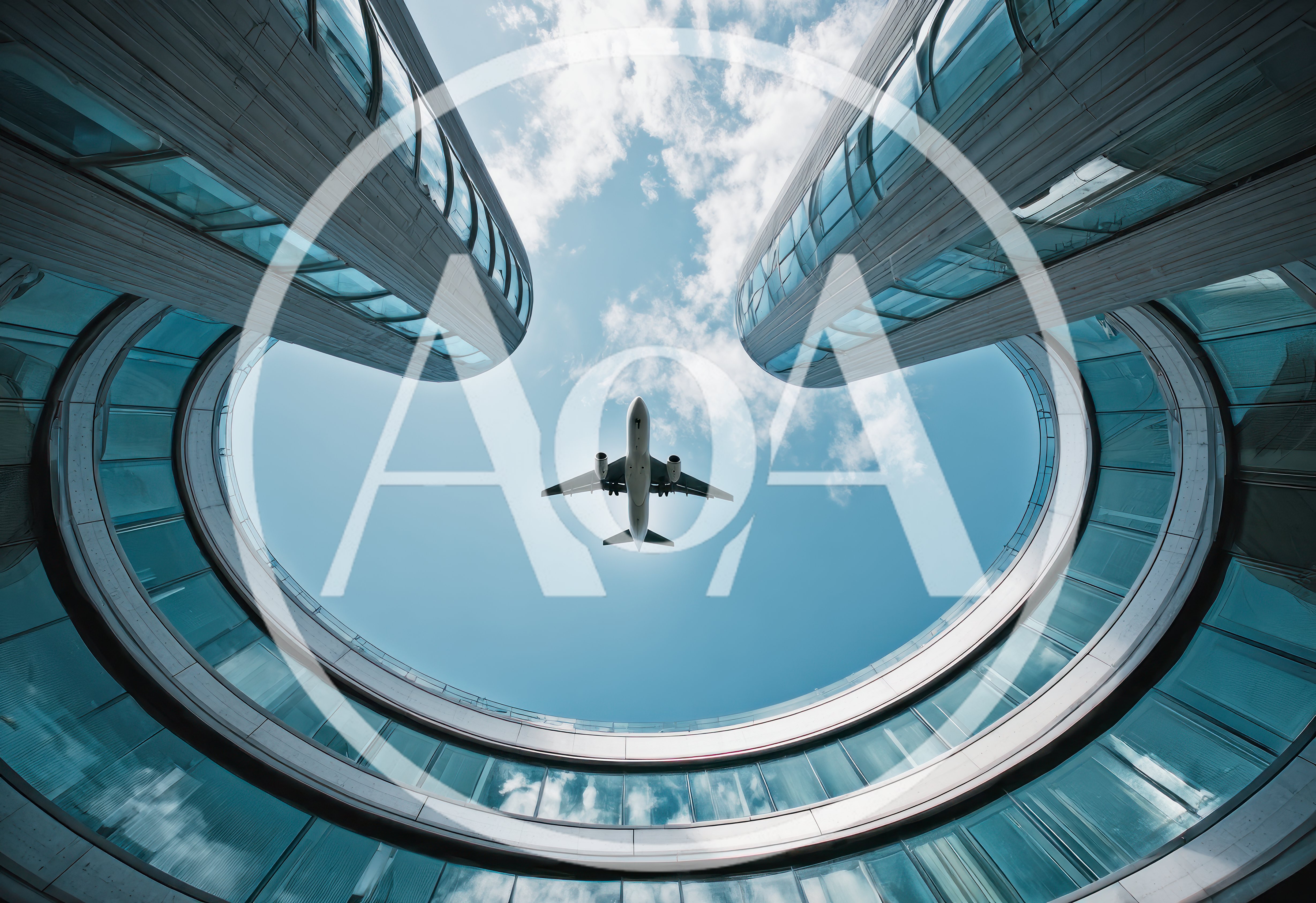 Airplane Flying Above Modern Curved Glass Architecture