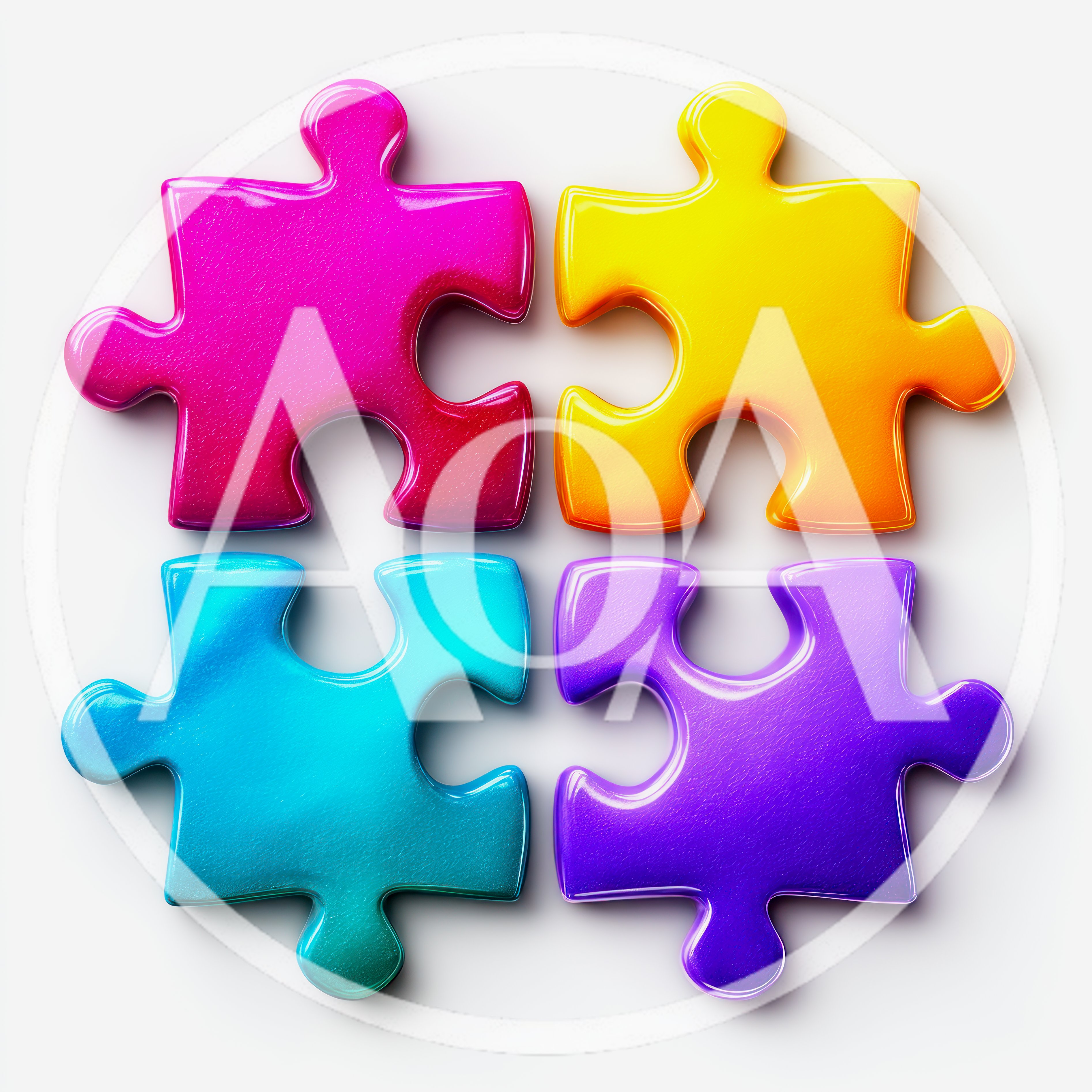 Four Colorful Glossy Puzzle Pieces Arranged In A Square