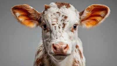 Portrait Of A Spotted Calf Against Grey Background