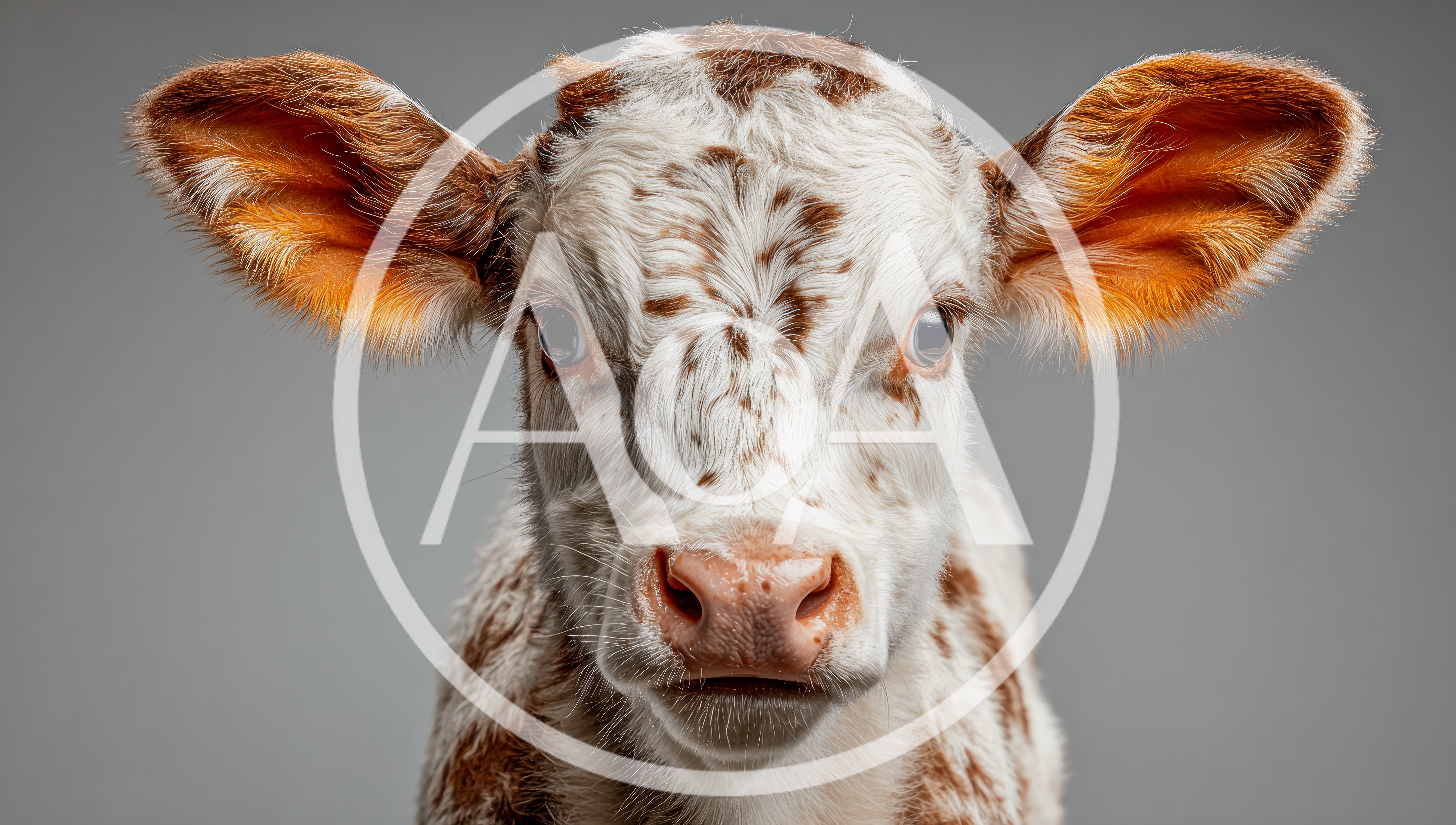 Portrait Of A Spotted Calf Against Grey Background