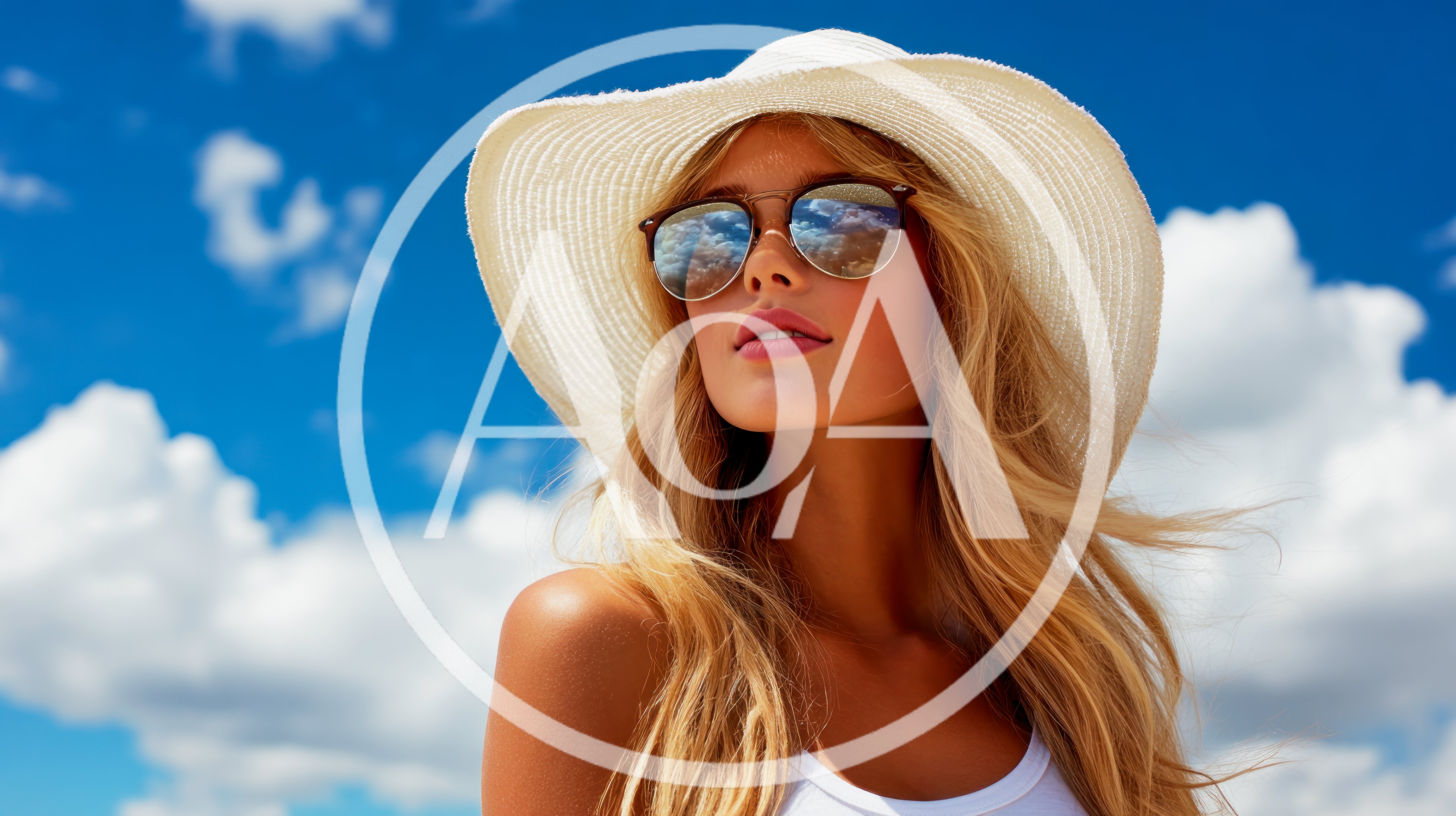 Blonde Woman Wearing Sun Hat And Sunglasses Outdoors