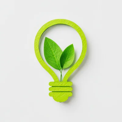 Green Light Bulb Icon With Fresh Leaves