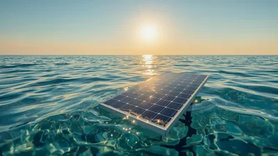 Floating Solar Panel On Calm Ocean Surface