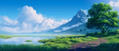 Scenic Landscape With Lush Green Meadow And Mountain Peak