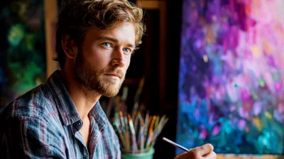 Young Male Artist Painting In His Creative Studio