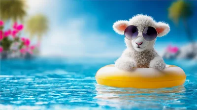 Cute Lamb Wearing Sunglasses Floating In A Pool