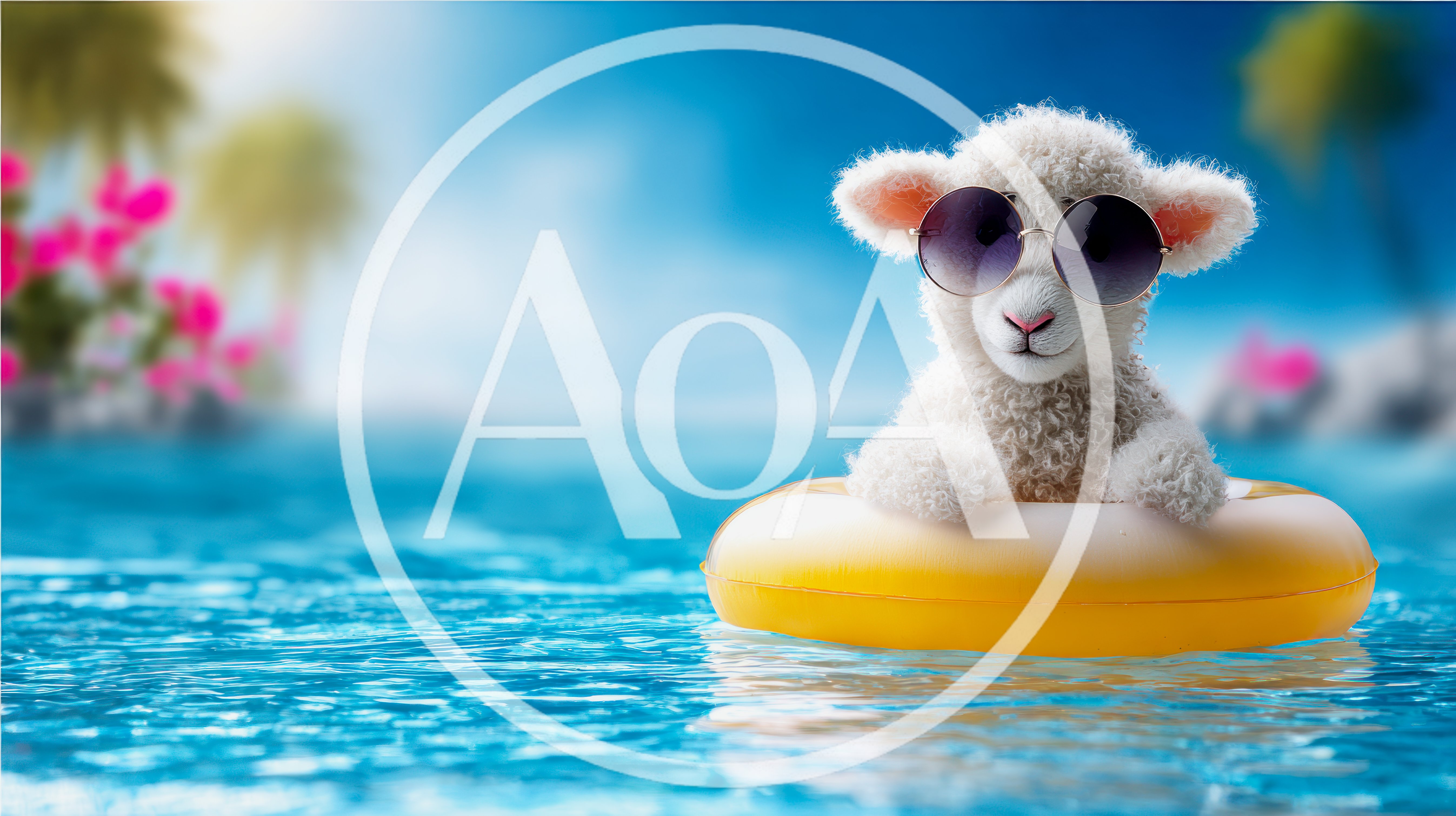 Cute Lamb Wearing Sunglasses Floating In A Pool